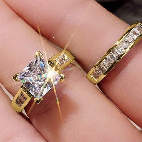 Princess Cut Moissanite Engagement and band set, 14K Yellow Gold Plated Set - Picture 4 of 11